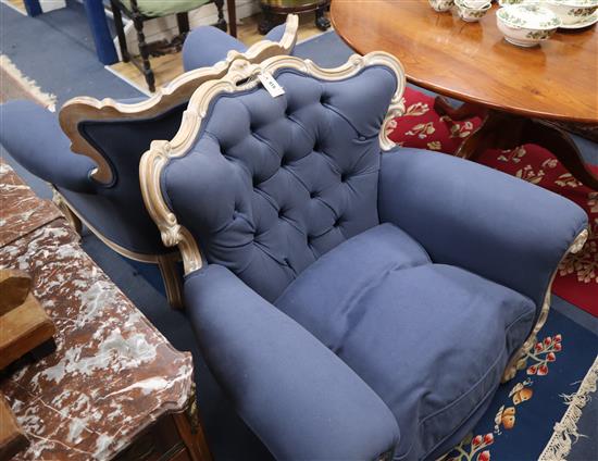 A pair of Louis XVI design upholstered armchairs and a pair of matching side chairs